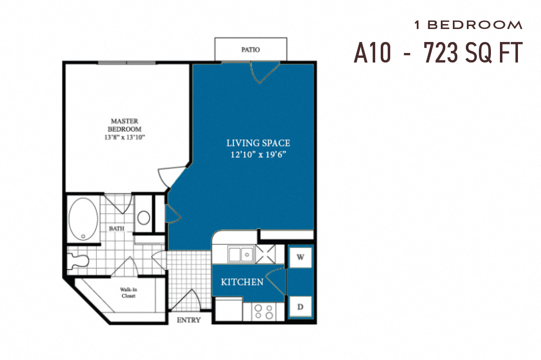 Floor plan for 1 bed, 1 bath, 723 sqft